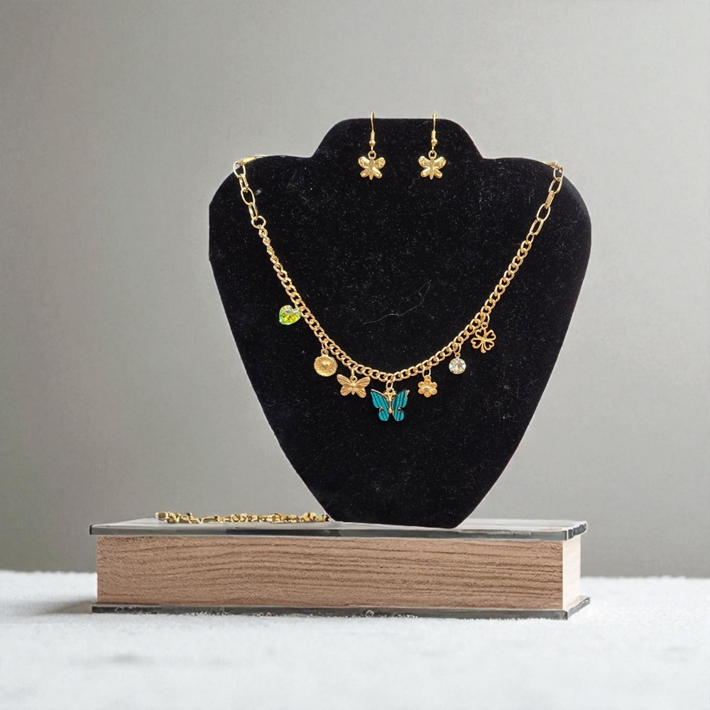 Gold Butterfly Charm Necklace Set w/ Earrings| Available In Several Colors - Picture 11 of 15